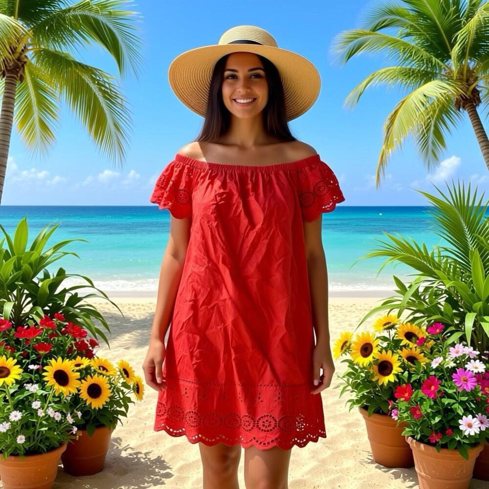 Primark Women Sz 4 Mini Shift Dress Eyelid Lace Off Red Off The Shoulder Casua